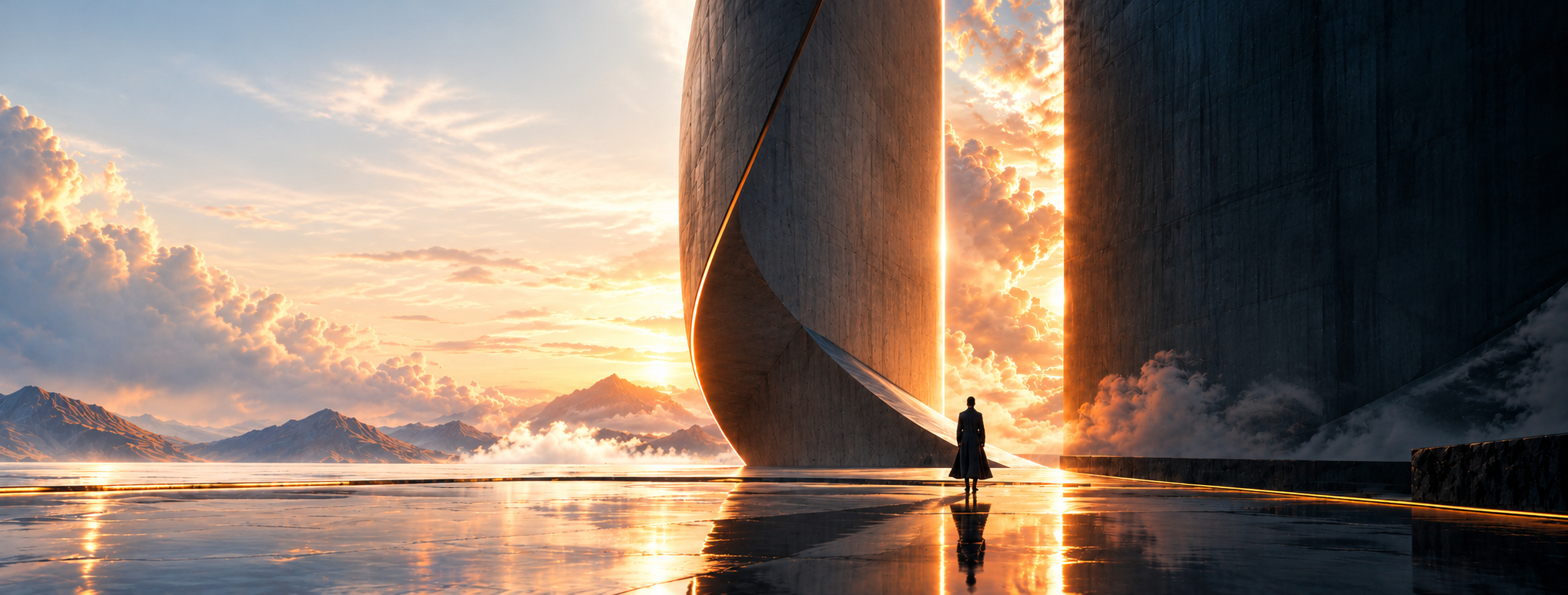 YILIN. IMAGINATION INTO REALITY；电影感建筑、光之入口、人物与水面反射的最终定稿画面